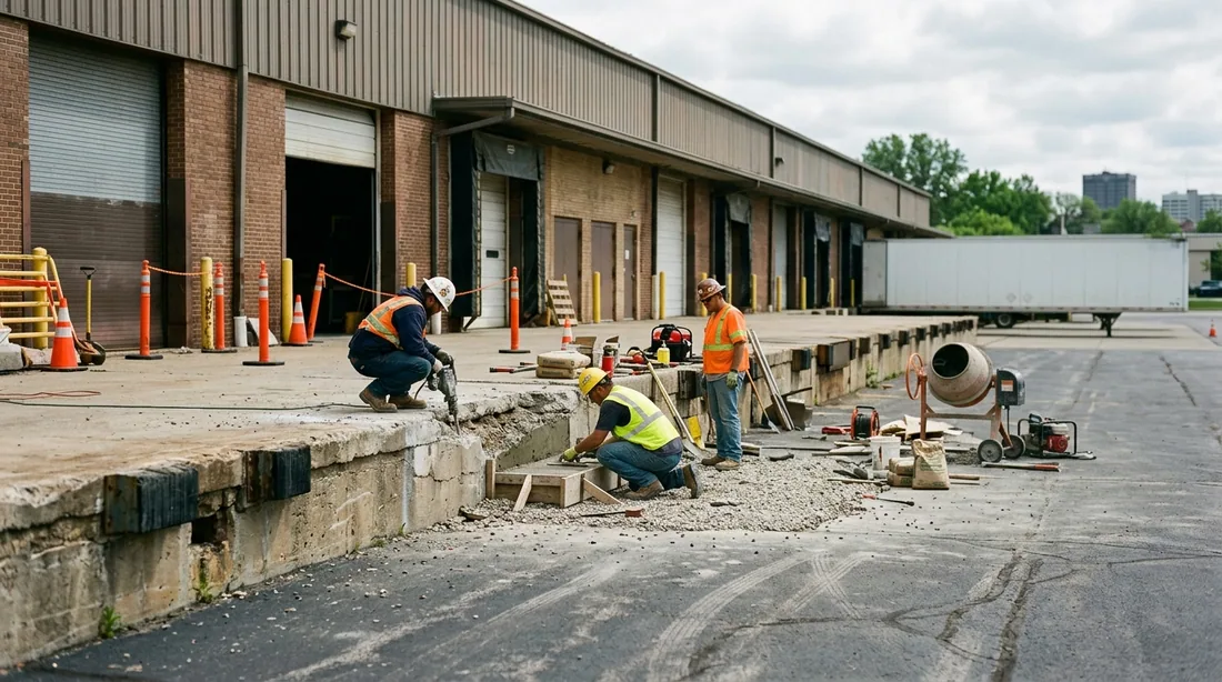 A small professional crew working on a loading dock repair job at a property, seen from behind and — Dayton, OH